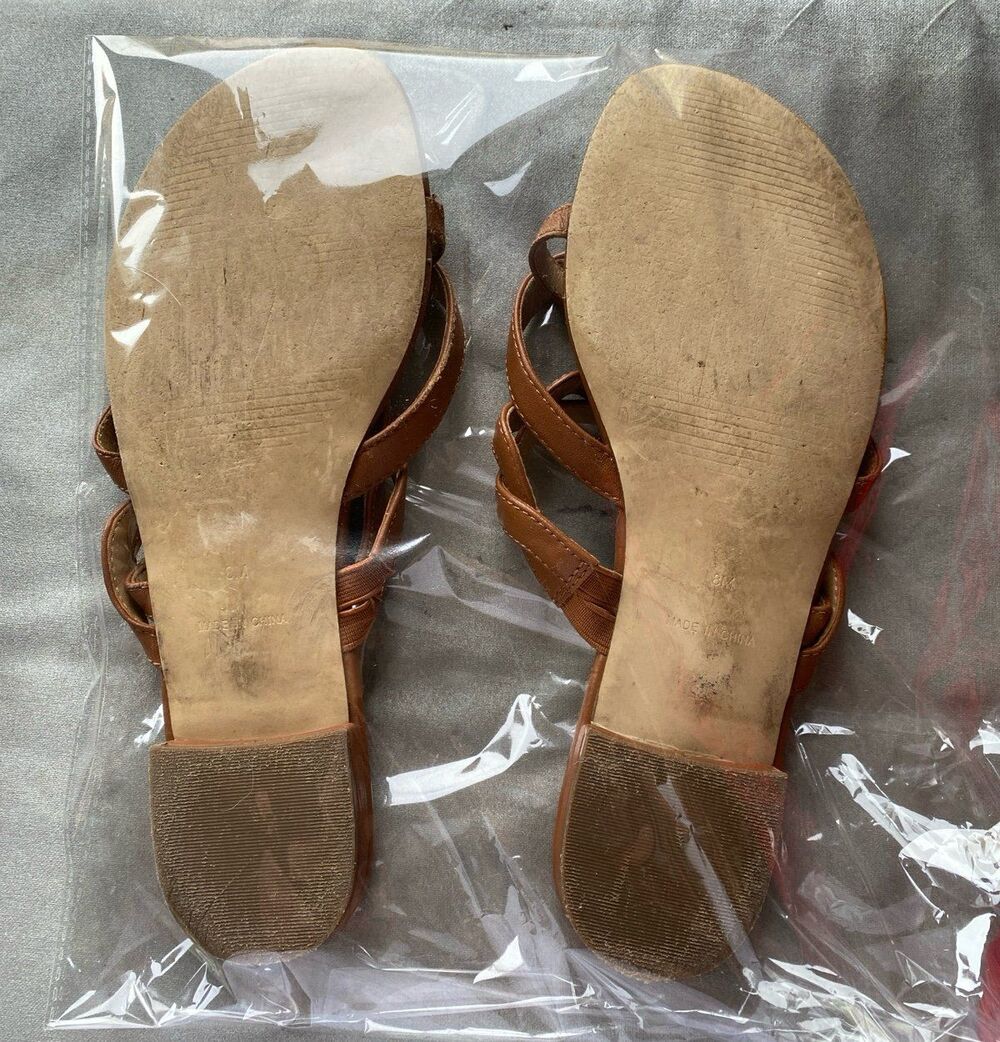 Talbots Brown Leather Strappy Sandals Size 8 M Flats Thong Slip On Braided Beach - Picture 11 of 11